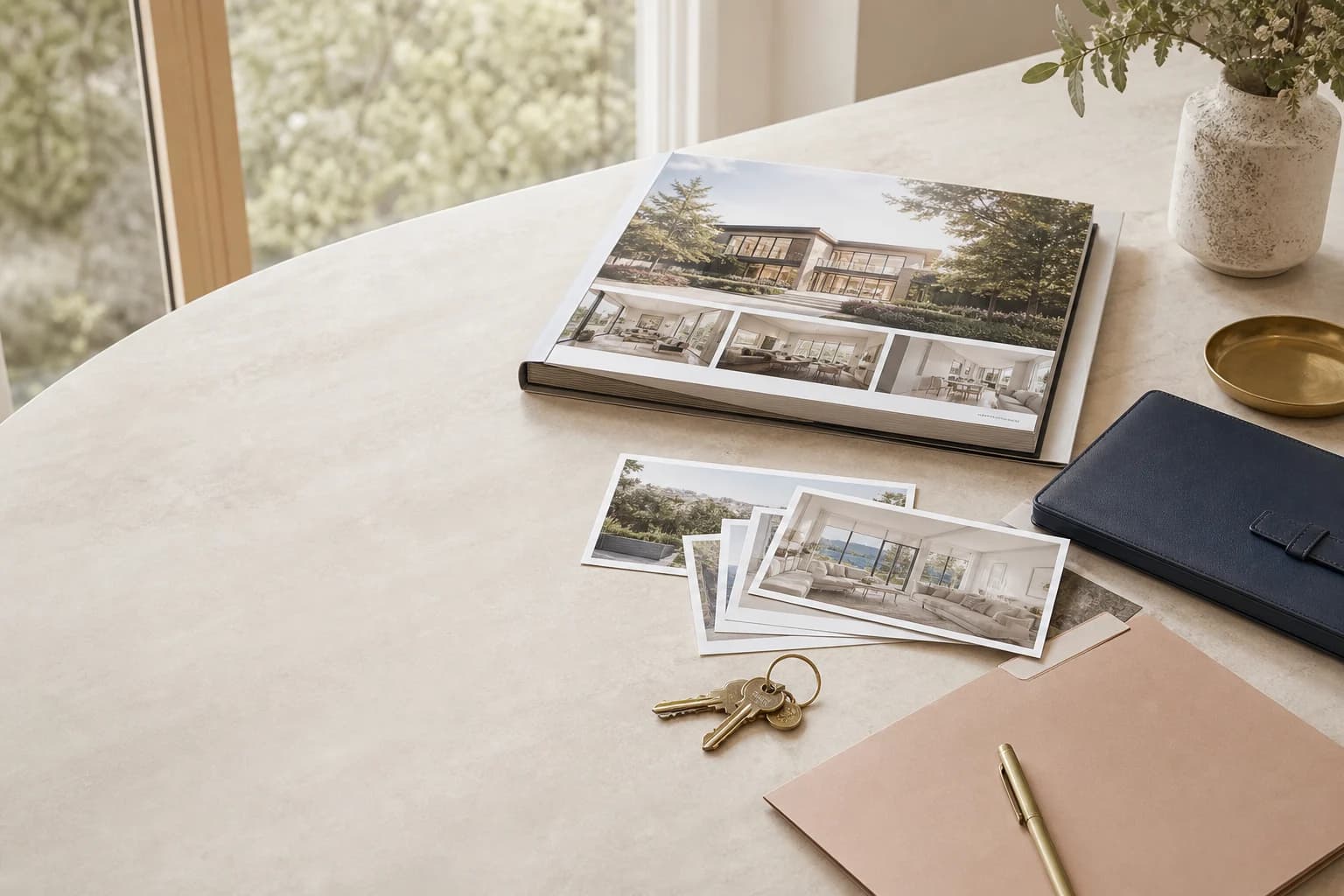 An elegant real estate operations desk with property materials, keys, and an organized navy folio